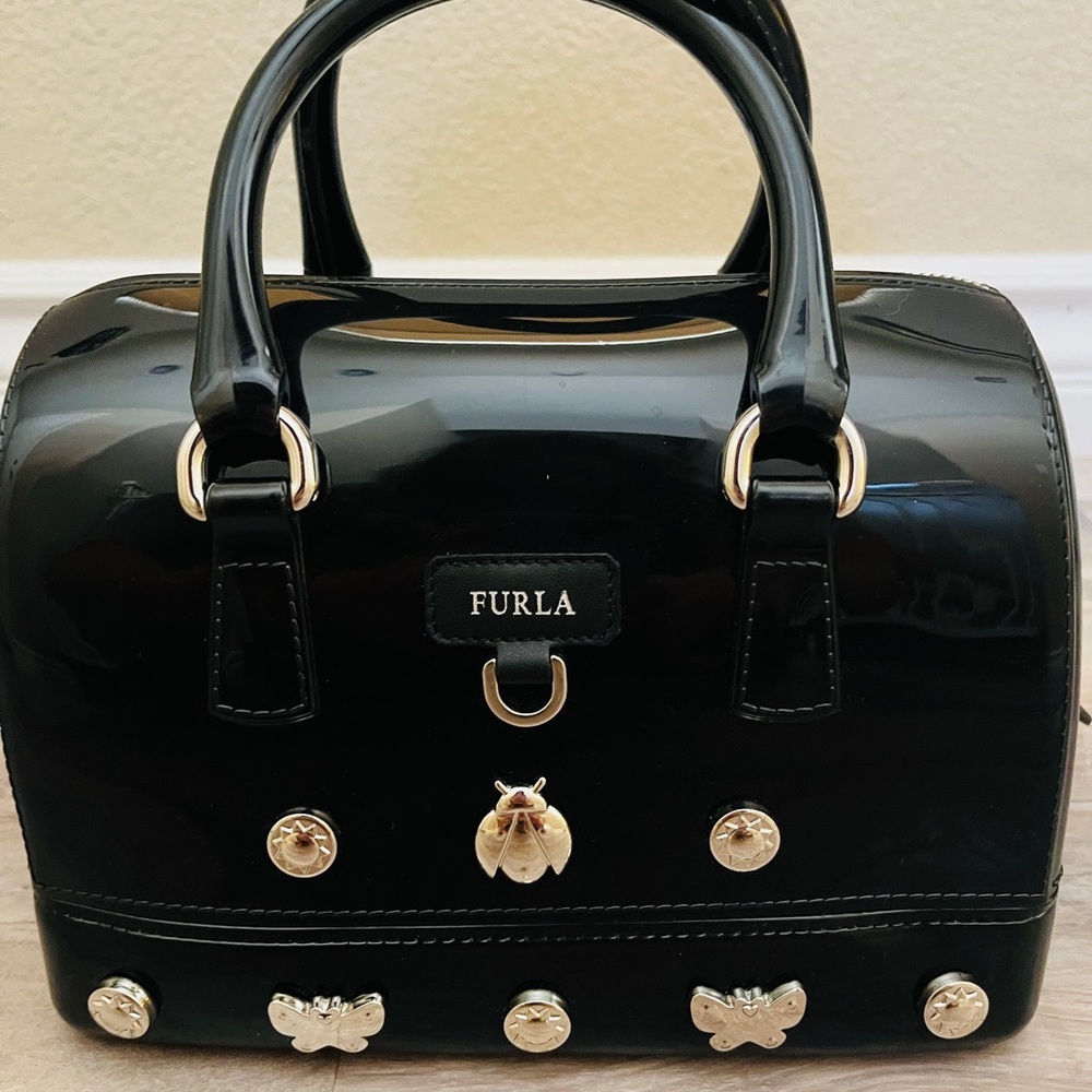 Furla Glossy Mini Black Satchel with Gold Details